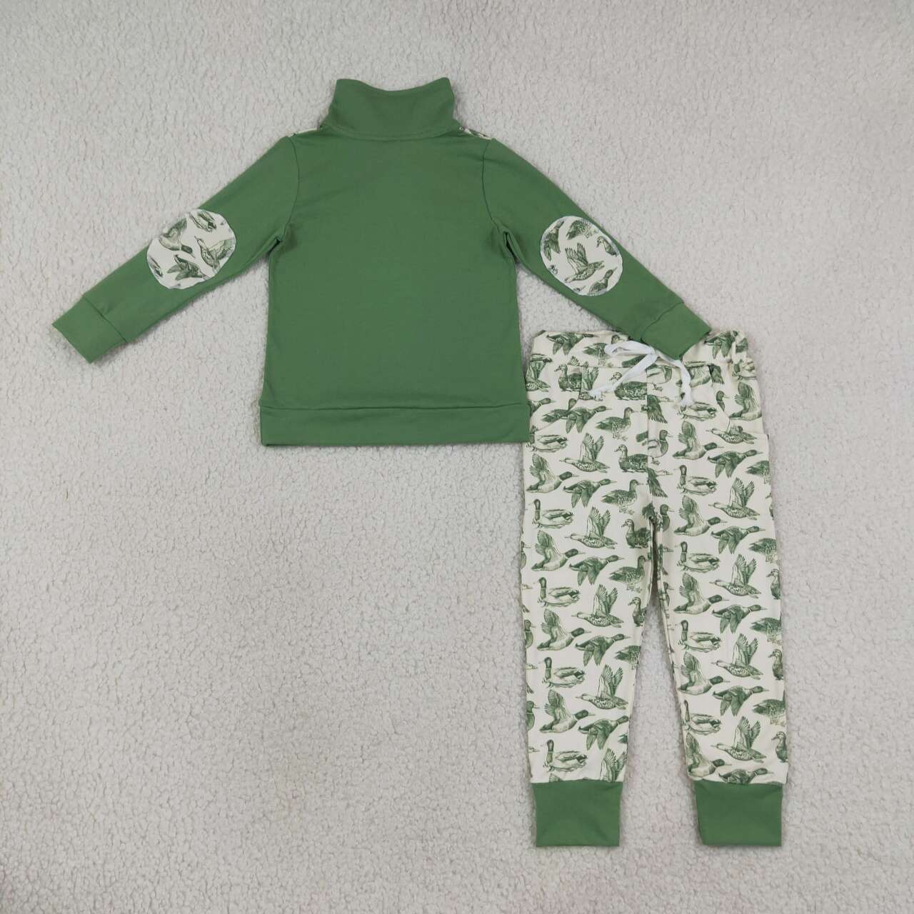 BLP1449 Green Zipper Pullover Top Duck Pockets Pants Boys Fall Clothes Set