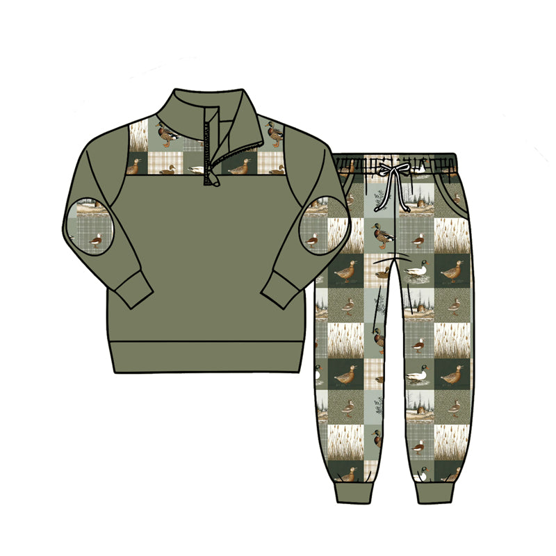 4.27 Boys Patchwork Mallard Duck Quarter Zip Set - Green Hunting Print Sweatshirt & Joggers Preorder