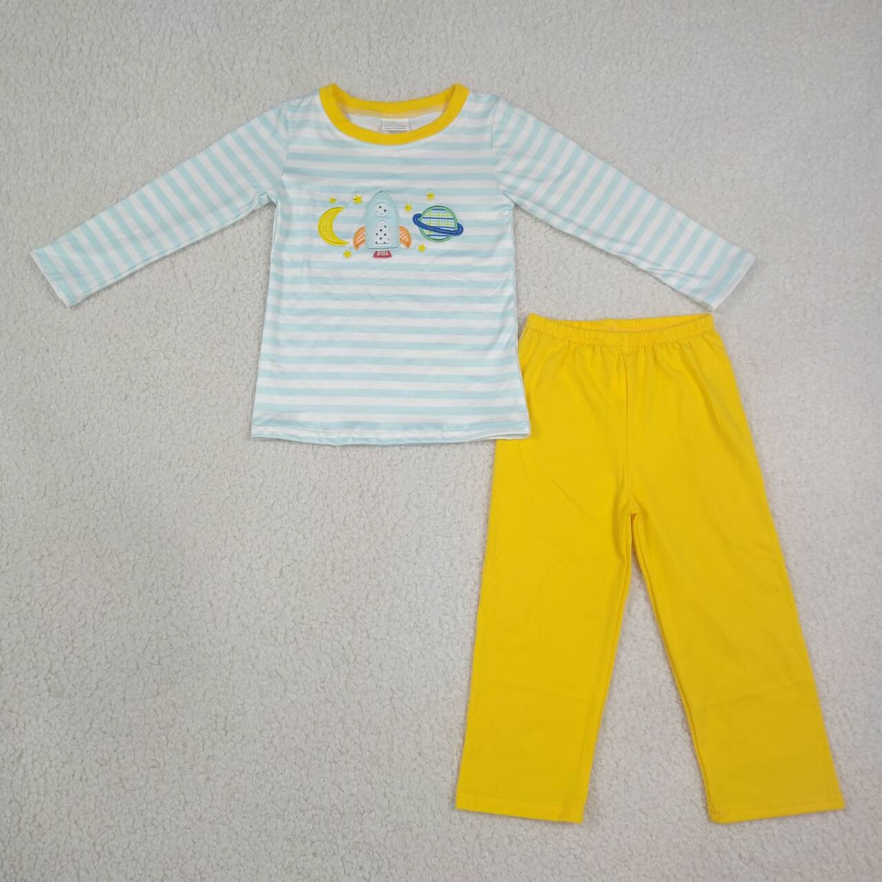 BLP1455 Space Cosmic Embroidery Stripe Top Yellow Pants Boys Clothes Set