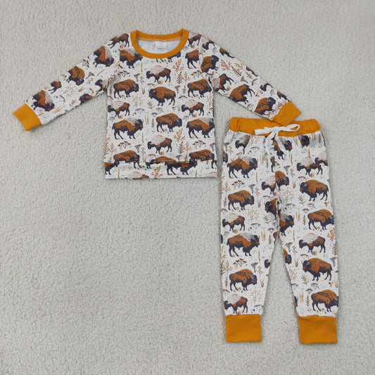 BLP1466 Bull Print Boys Long Sleeve Pants Western Pajamas Clothes Set