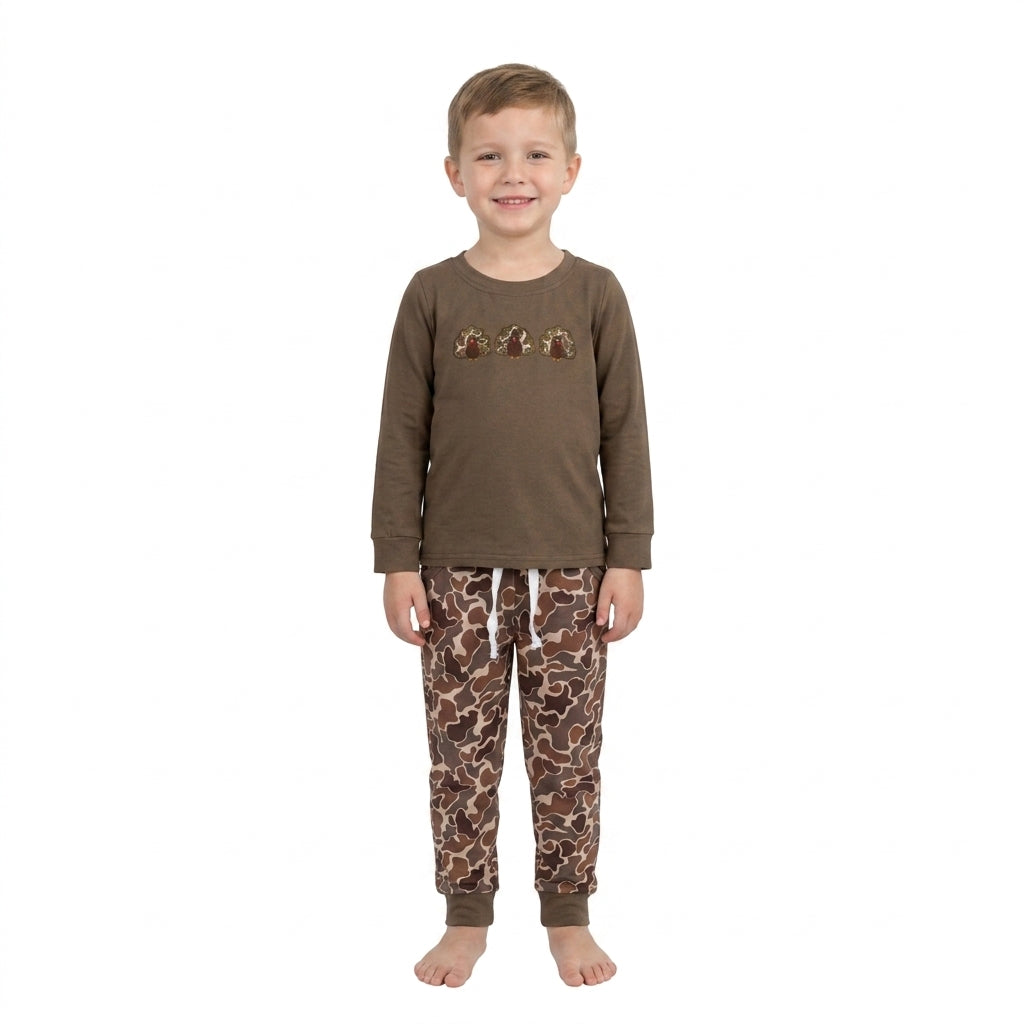 BLP1473 Turkey Embroidery Brown Top Camo Pants Boys Thanksgiving Clothes Set