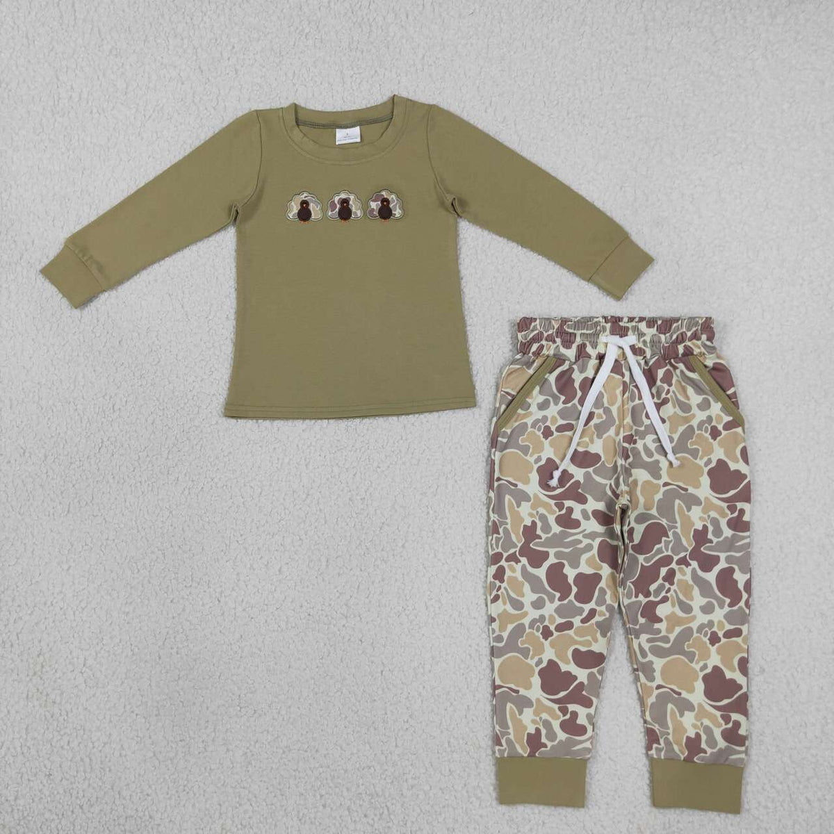 BLP1474 Turkey Embroidery Olive Top Camo Pockets Pants Boys Thanksgiving Clothes Set