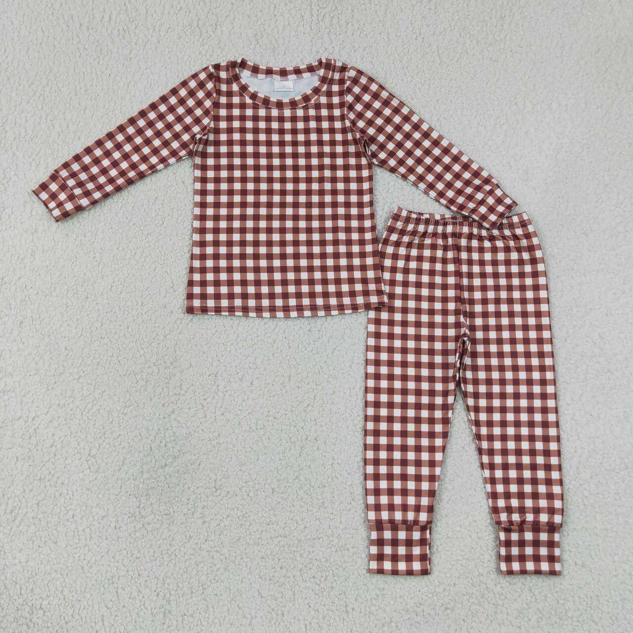BLP1478 Brown Checkerd Print Kids Fall Pajamas Clothes Set