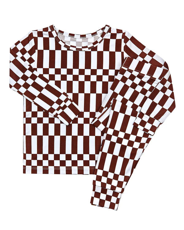 6.23 Preorder BLP1479 Brown Plaid Print Kids Pajamas Clothes Set