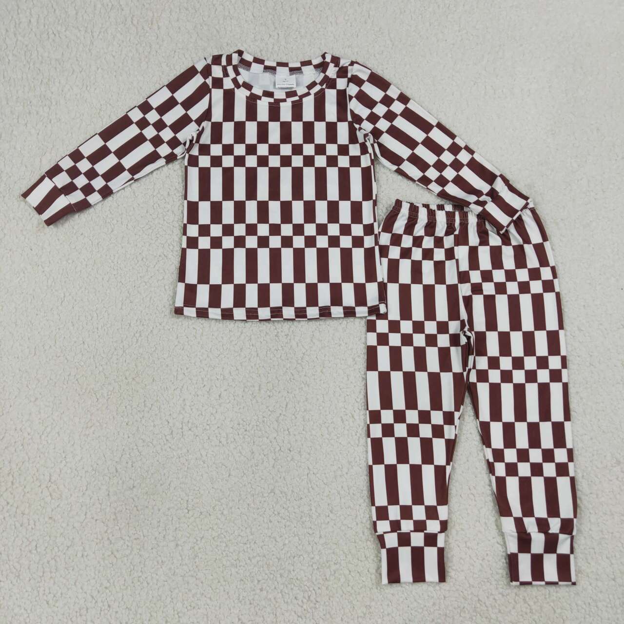 BLP1479 Brown White Checkerd Print Kids Boys Pajamas Clothes Set