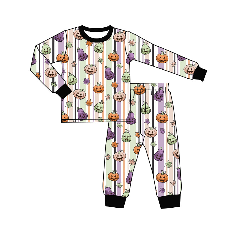 6.24 Preorder BLP1483 Pumpkin Stripes Print Kids Halloween Pajamas Clothes Set