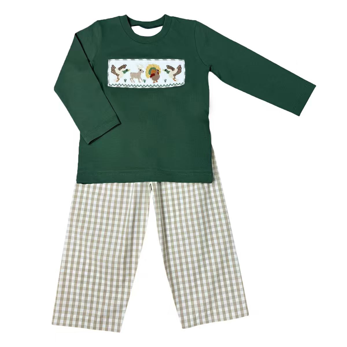 6.29 Preorder Kids Boys Hunting Duck Deer Turkey Top with Gingham Pants Outfit