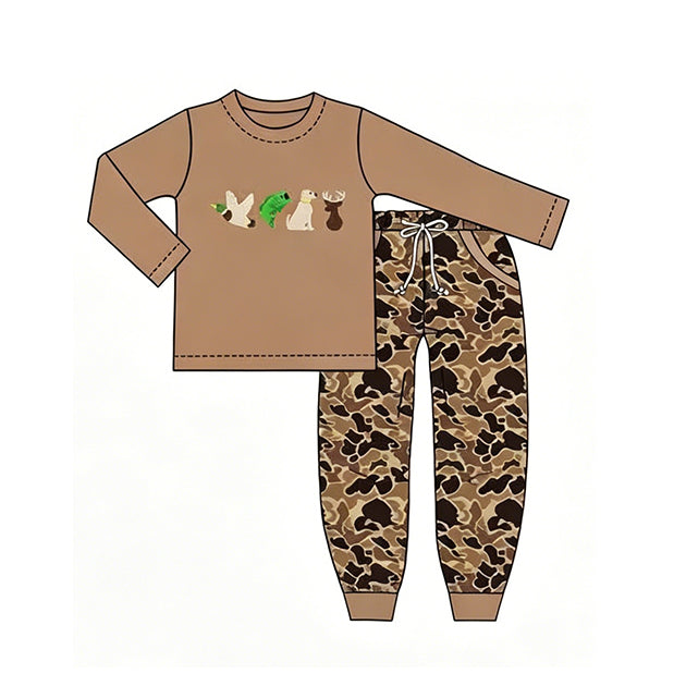 6.30 Preorder BLP1493 Dog Hunting Brown Top Camo Pants Boys Clothes Set
