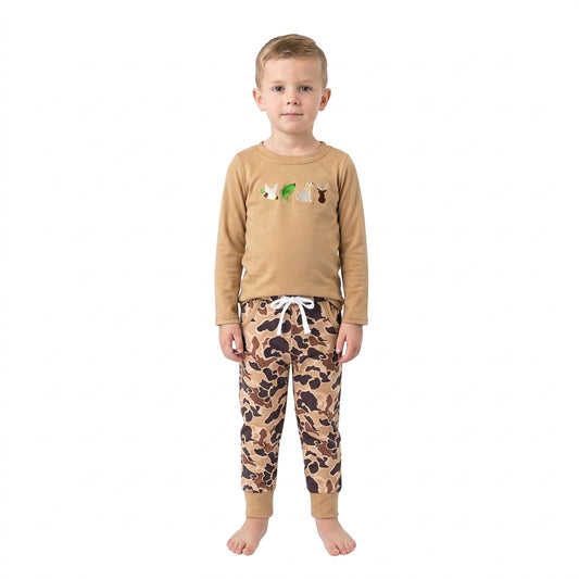 BLP1493 Dog Hunting Embroidery Brown Top Camo Pockets Pants Boys Fall Clothes Set