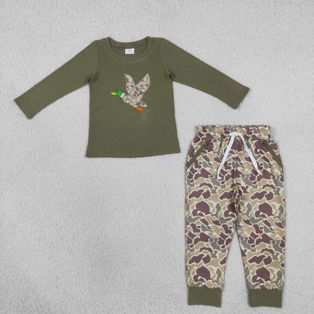 BLP1494 Duck Embroidery Green Top Camo Pockets Pants Boys Clothes Set