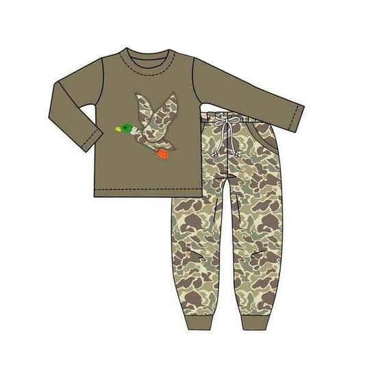 BLP1494 Duck Embroidery Green Top Camo Pockets Pants Boys Clothes Set