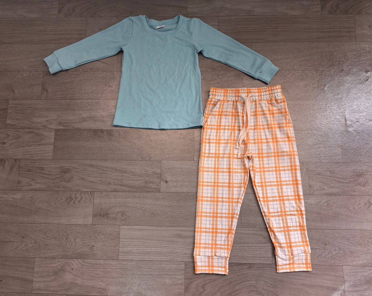 7.4 Preorder BLP1498 Pumpkin Turkey Blue Top Orange Checkerd Pants Boys Thanksgiving Clothes Set