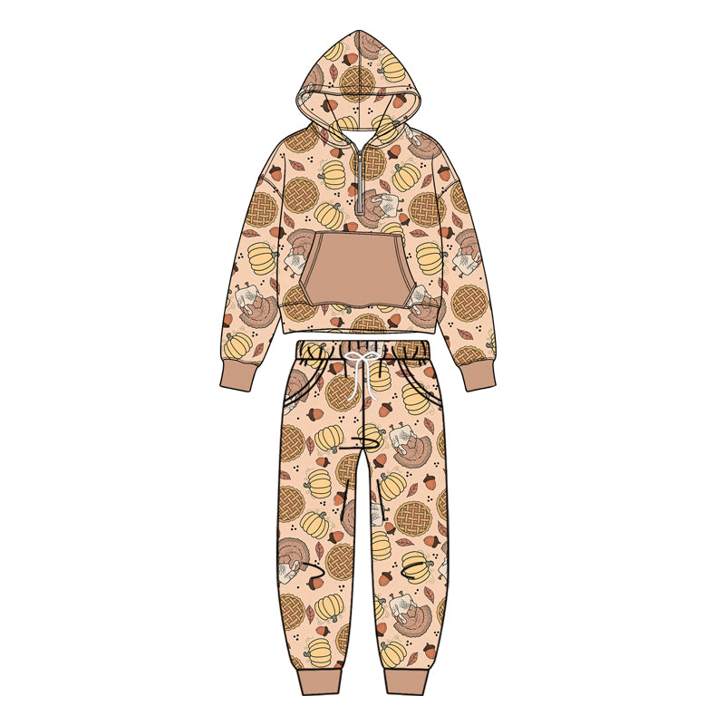 7.16 BLP1504 Preorder Turkey Pumpkin Pie Print Zipper Hoodie Top Pocket Pants Boys Thanksgiving Clothes Set