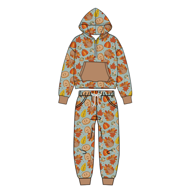 7.16 BLP1505 Preorder Turkey Pumpkin Pie Leaf Print Zipper Hoodie Top Pocket Pants Boys Thanksgiving Clothes Set