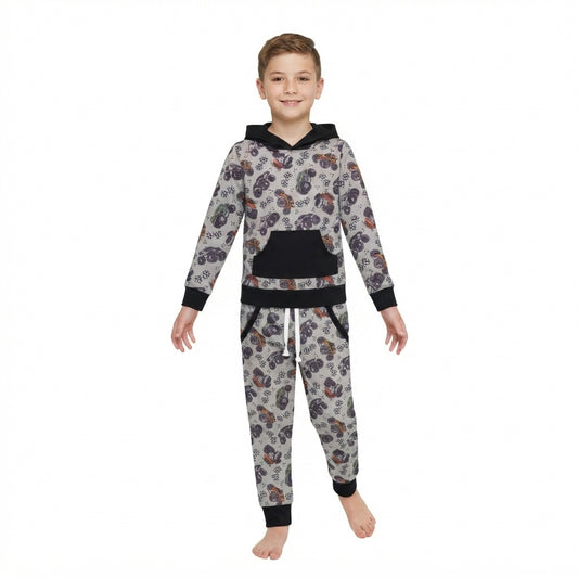 BLP1511 Monster Trucks Hoodie Top Pockets Pants Boys Fall Clothes Set