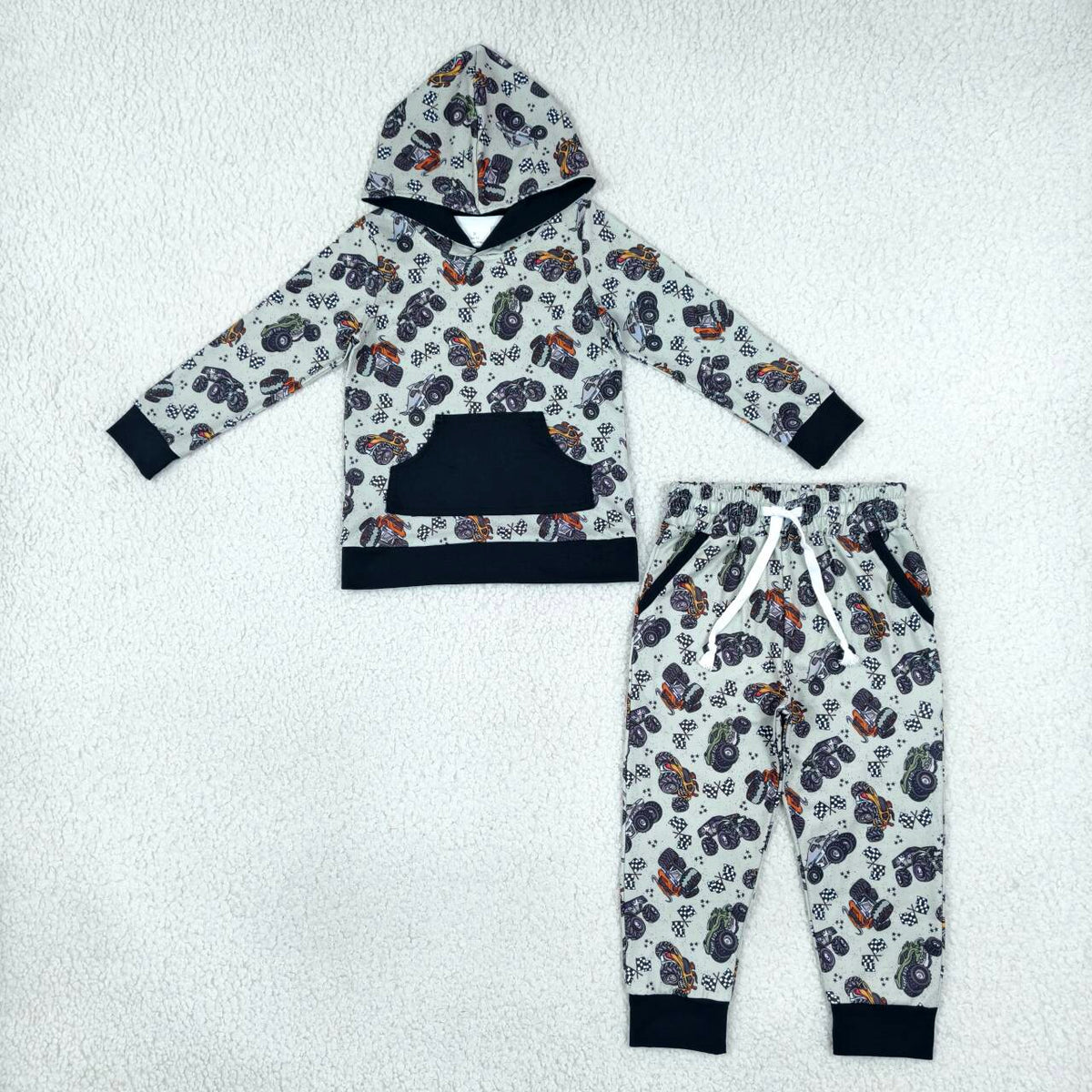 BLP1511 Monster Trucks Hoodie Top Pockets Pants Boys Fall Clothes Set