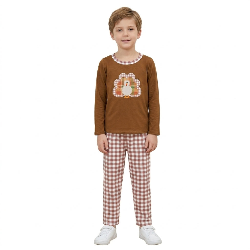 BLP1516 Turkey Embroidery Brown Top Checkered Pants Boys Thanksgiving Clothes Set