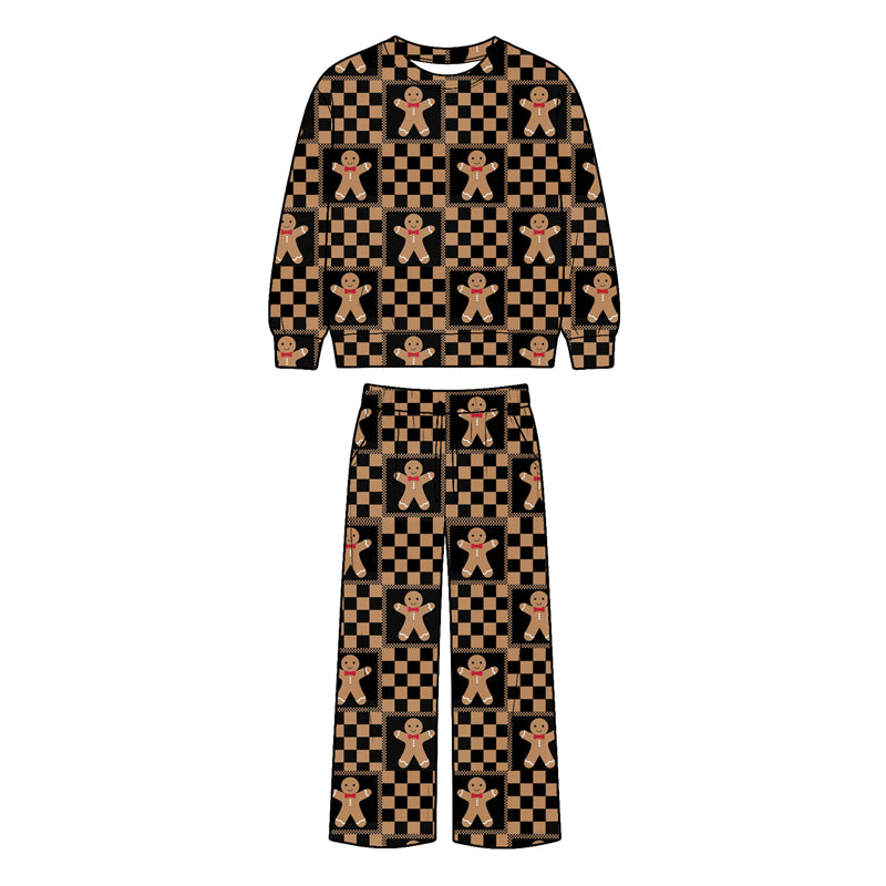 7.28 BLP1520 Preorder Gingerbread Checkered Print Long Sleeve Top Pockets Pants Kids Christmas Clothes Set
