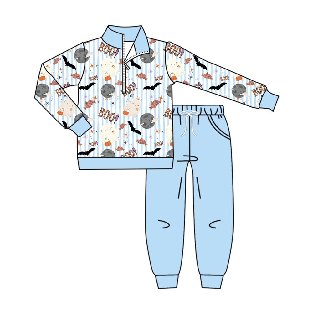 7.31 BLP1528 Preorder Ghost Boo Candy Bat Zipper Pullover Top Blue Pockets Pants Boys Halloween Clothes Set
