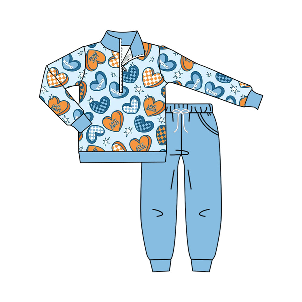 8.6 BLP1536 Preorder Hearts XOXO Pullover Top Blue Pants Boys Valentine's Day Clothes Set