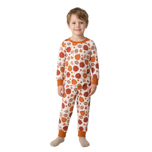 BLP1539 Football Pumpkin Boys Fall Long Sleeve Pajamas Clothes Set
