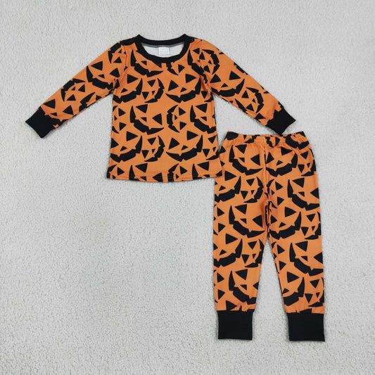 Sibling Baby Boys Halloween Pumpkin Face Long Sleeve Pajama Set and Romper