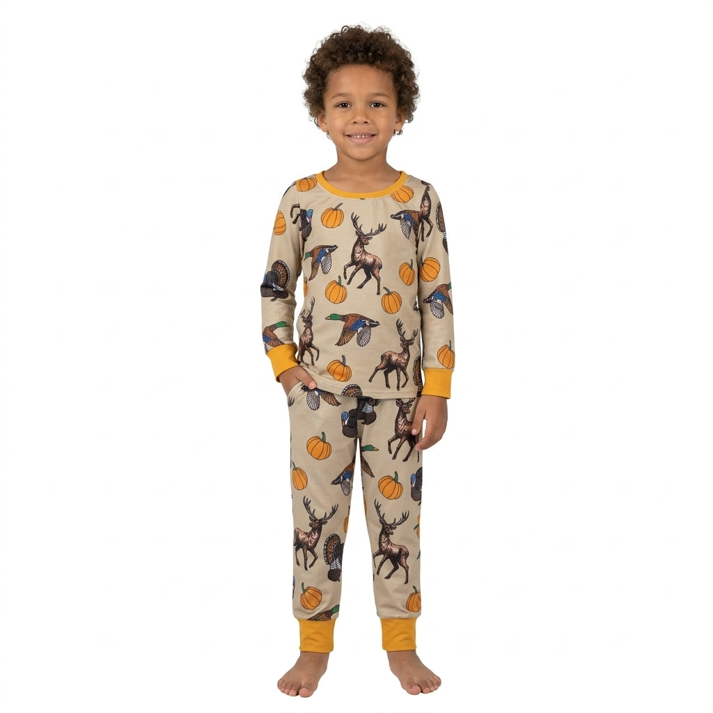 BLP1556 Animals Pumpkin Print Boys Fall Pajamas Clothes Set