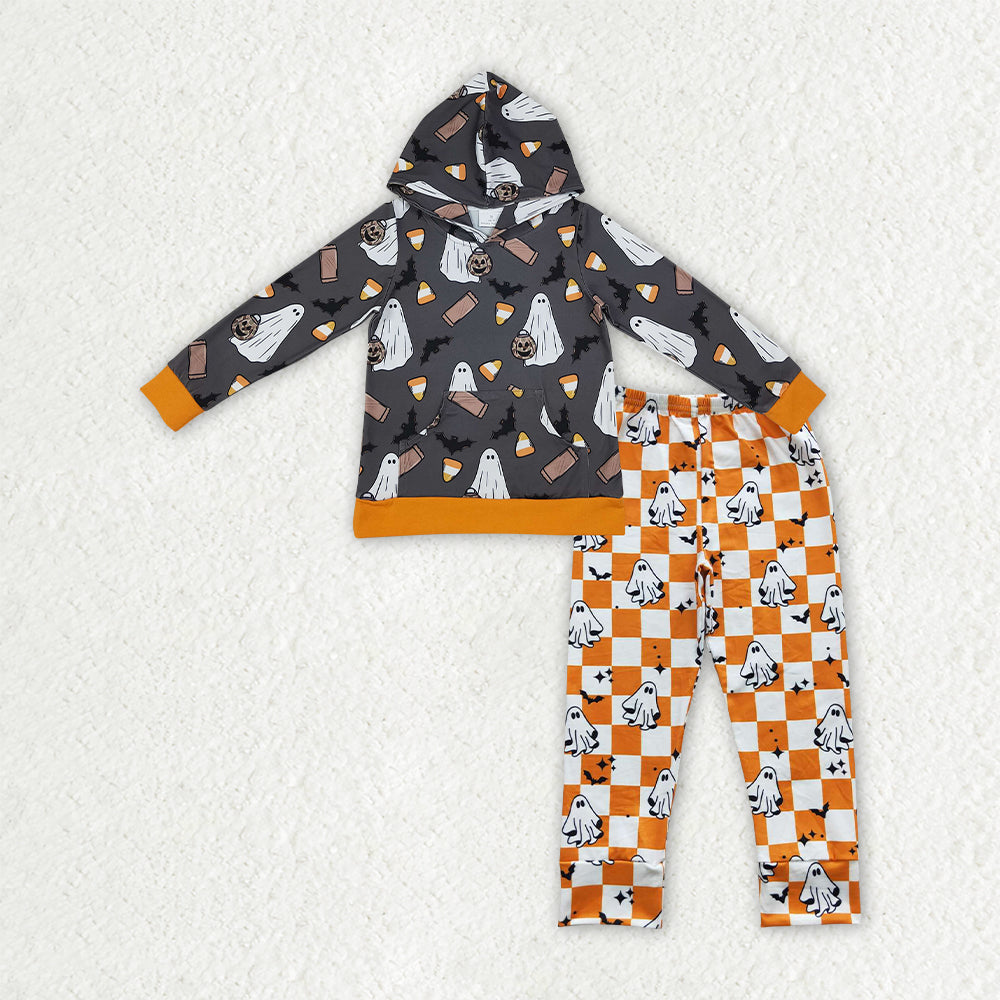 BLP1607 Ghost Bat Candy Hoodie Top Orange Checked Pants Baby Boys Halloween Clothes Set