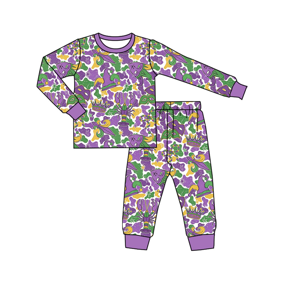 9.14 BLP1611 Preorder Anchor Crayfish Mask Camo Print Kids Mardi Gras Pajamas Clothes Set