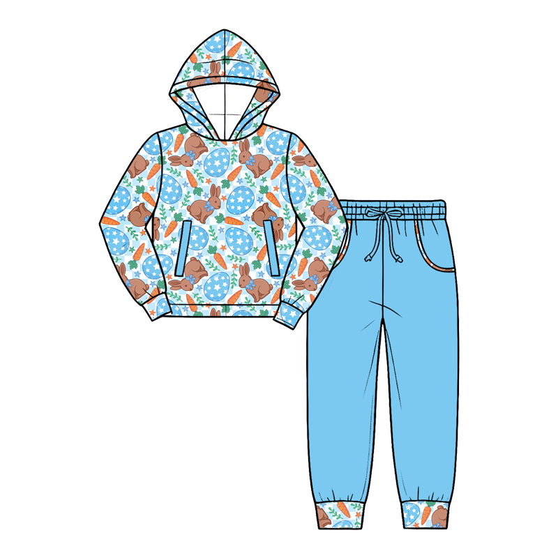 9.25 BLP1635 Preorder Bunny Eggs Carrot Checkered Hoodie Top Blue Pockets Pants Boys Easter Clothes Set