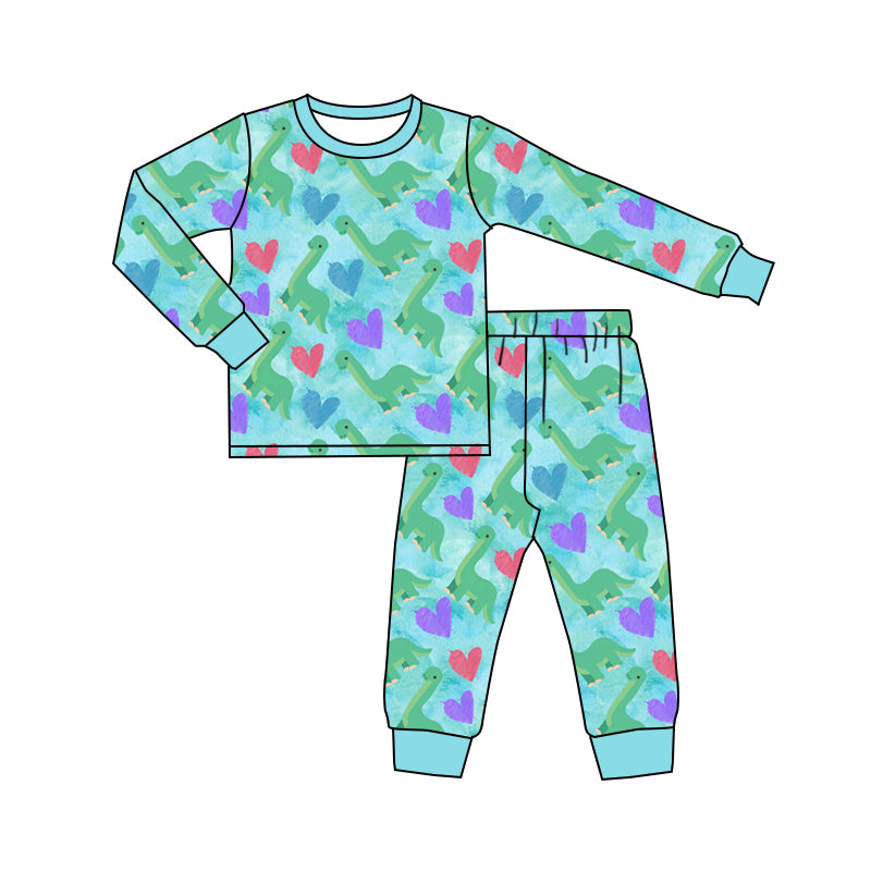 9.30 BLP1638 Preorder Toddler Boys Heart Green Dinosaue Long Sleeve Pajama Set