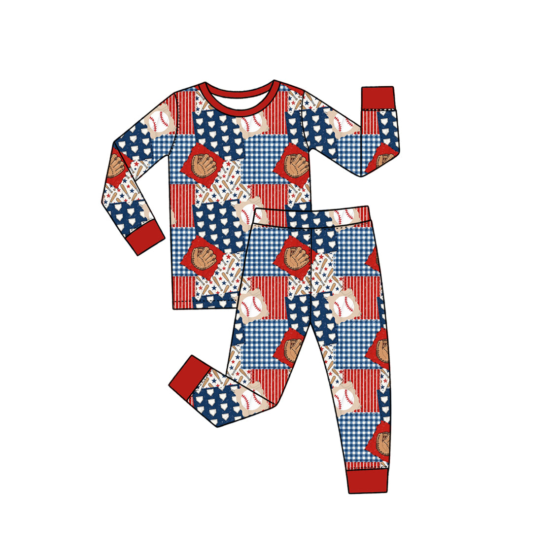 10.10 BLP1642 Preorder Baseball Stars Checkered Print Boys Pajamas Clothes Set