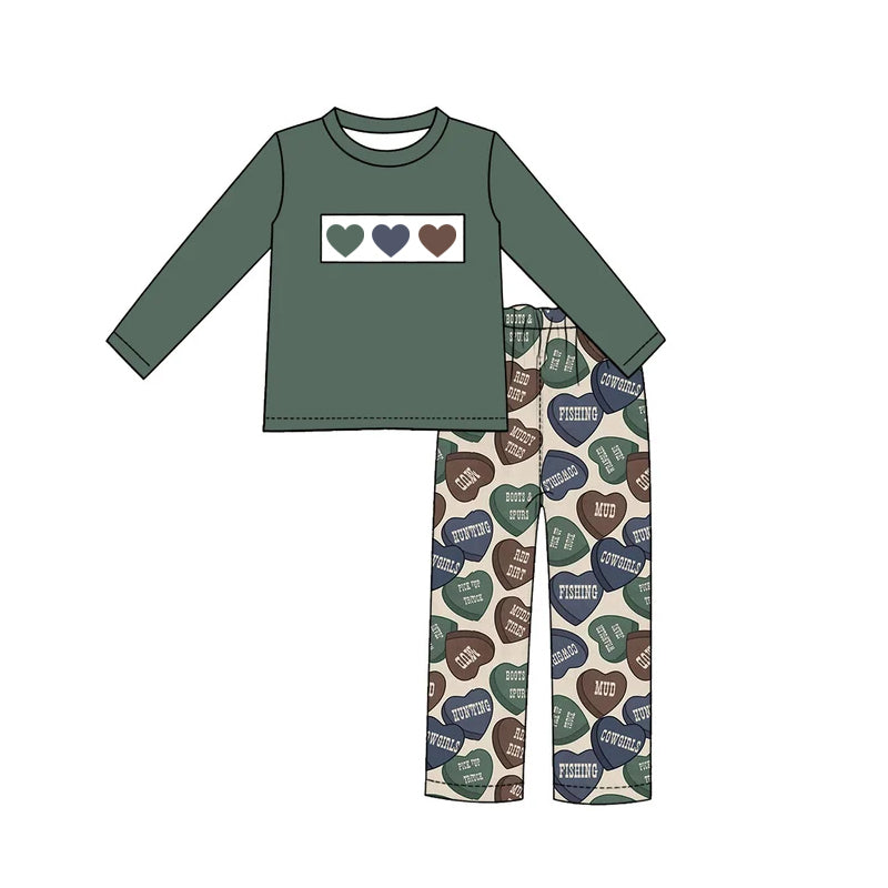 10.30 BLP1661 Preorder Hearts Dark Green Top Boys Valentine's Day Clothes Set
