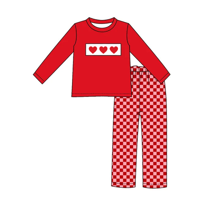10.30 BLP1662 Preorder Hearts Red Top Checkered Pants Boys Valentine's Day Clothes Set