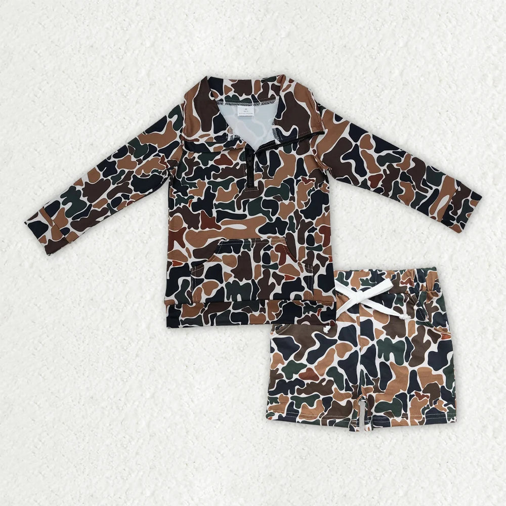 Sibling Baby Boys Camo Long Sleeve Zipper Pullover Top Pockets Shorts Outfit