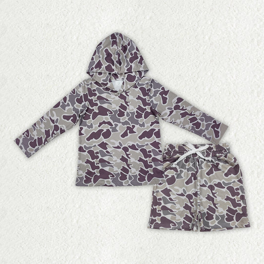 BLS0039 Dark Brown Orange Camo Hoodie Top Pockets Shorts Boys Clothes Set
