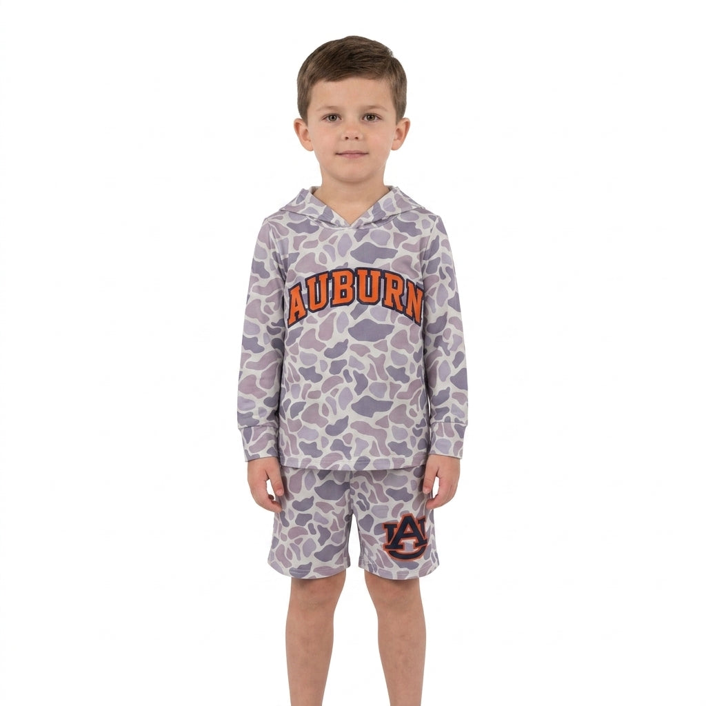 BLS0041 Teams Auburn Grey Camo Hoodie Top Shorts Boys Clothes Set