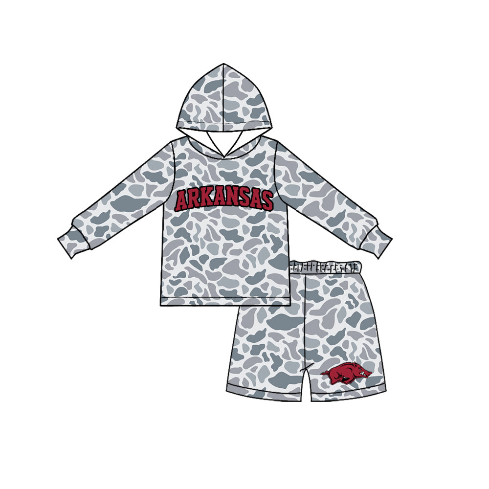 7.23 BLS0046 Preorder Teams Arkansas Grey Camo Hoodie Top Shorts Kids Clothes Set
