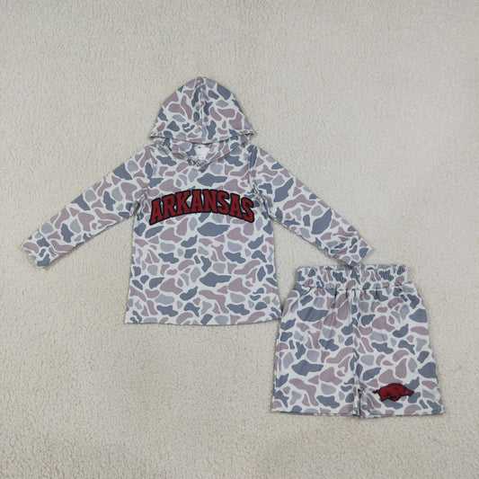 BLS0046 Teams Arkansas Grey Camo Hoodie Top Shorts Boys Clothes Set