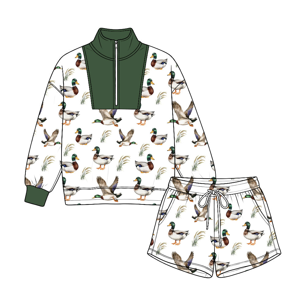 8.22 Preorder Mallard Duck Print Half‑Zip Pullover & Drawstring Shorts Set
