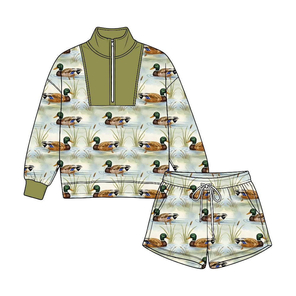 8.22 Preorder Mallard Duck Print Olive Half‑Zip Pullover & Drawstring Shorts Set