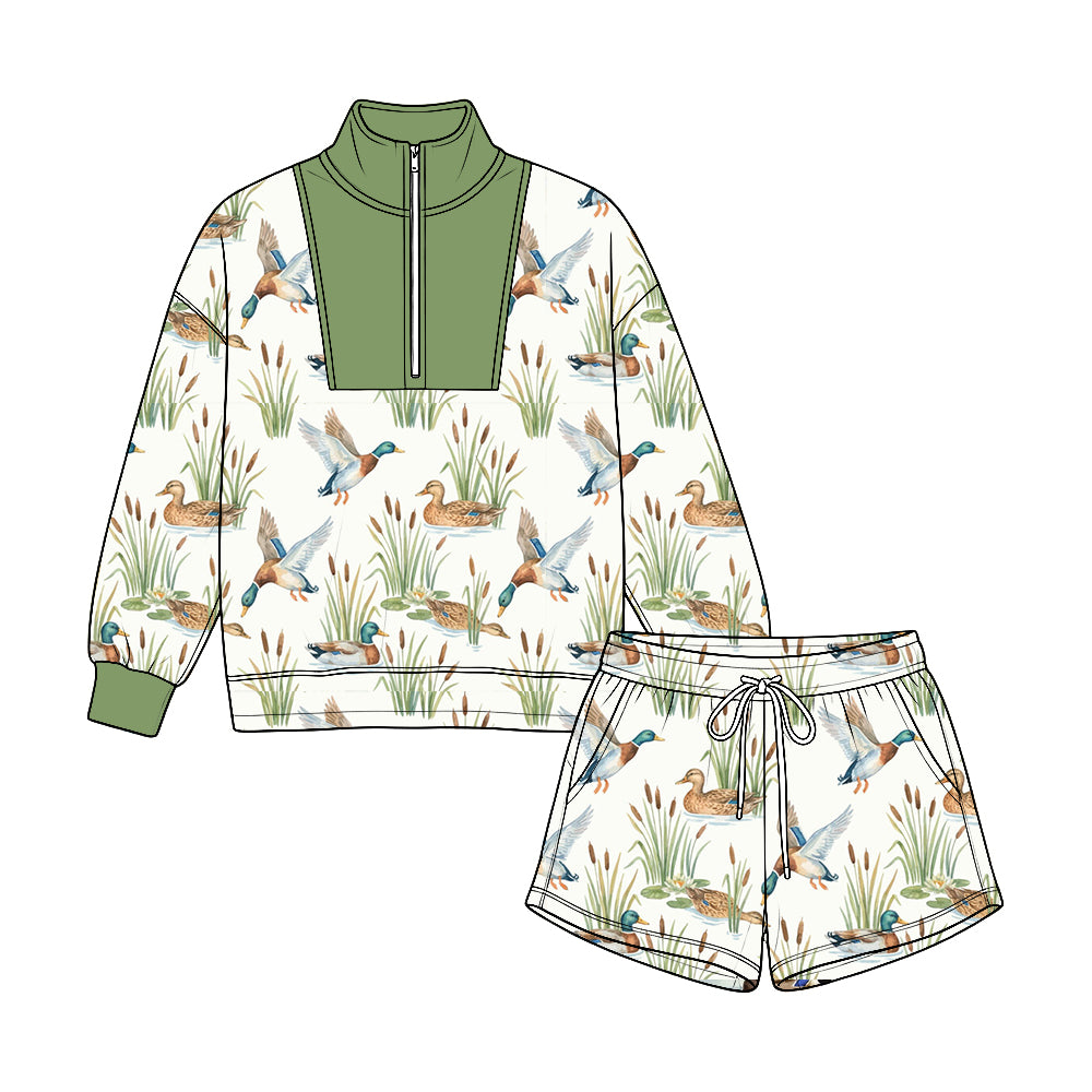 8.22 Preorder Mallard Duck Print Olive Half‑Zip Pullover & Drawstring Shorts Set