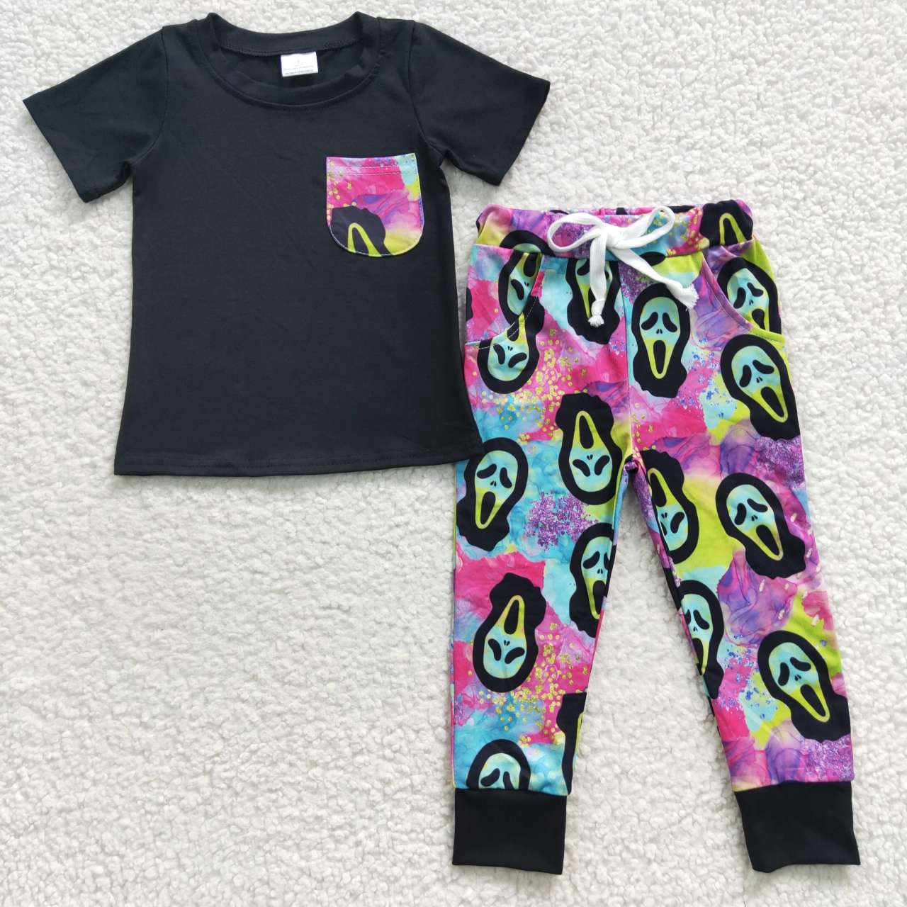 BSPO0106 Black Pocket Top Hello SIDNEY Tie-dye Pants Boys Halloween Clothes Set
