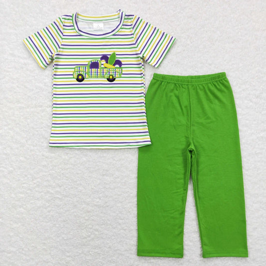 Sibling Baby Boys Girls Embroidery Truck Anchors Stripe Mardigras Clothes Sets Footie Romper