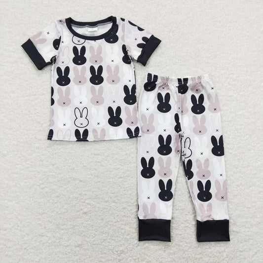 Sibling Baby Boys Raster Black Rabbits Short Sleeve Pajam Set Romper T-shirts
