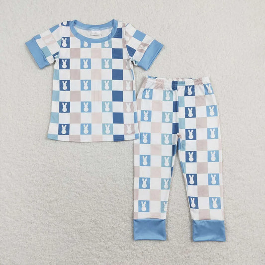 Sibling Baby Boys Blue Black Rabbits Checked Short Sleeve Pajam Set Romper T-shirts