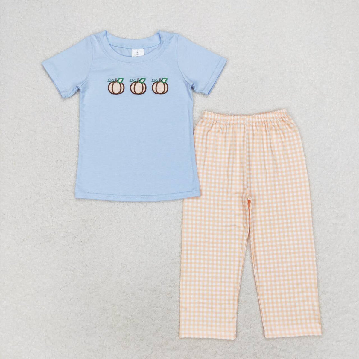 BSPO0371 Pumpkin Embroidery Blue Top Checkered Pants Boys Fall Clothes Set