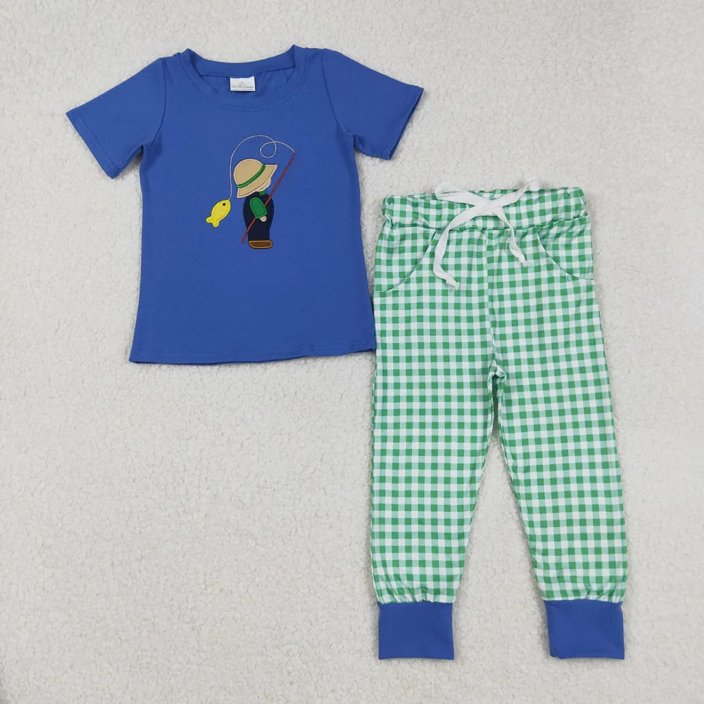 Baby Boys Embrodiery Fishing Blue Shirt Green Checked Pants Outfit