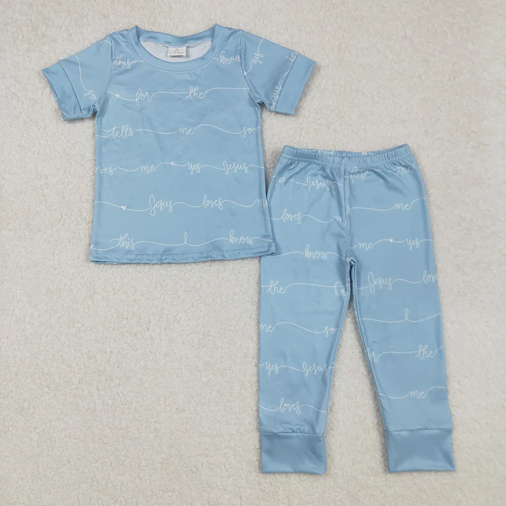 Baby Boys Jesus Love Blue Short Sleeve Pants Pajama Set