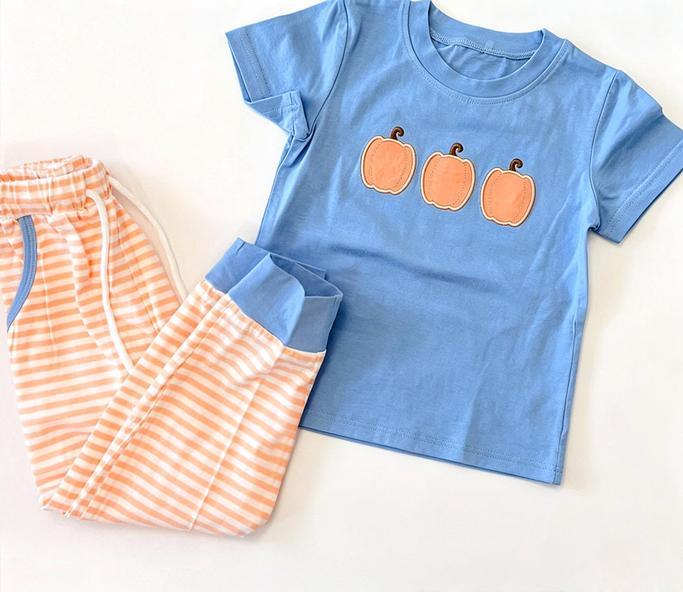 7.4 Preorder BSPO0693 Pumpkin Blue Top Orange Stripes Pants Boys Fall Clothes Set